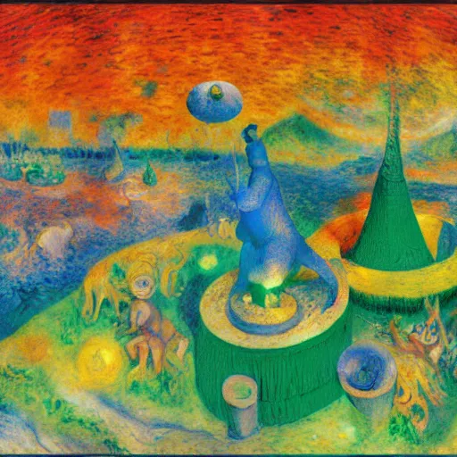 Image similar to bright glowing eldritch pond triangle dingo barrel horseradish baggage , by Pierre-Auguste Renoir and Marc Chagall and Evard Munch , voxel , panorama , lowbrow