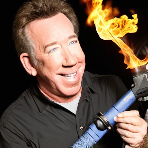 Image similar to tim allen with a flamethrower