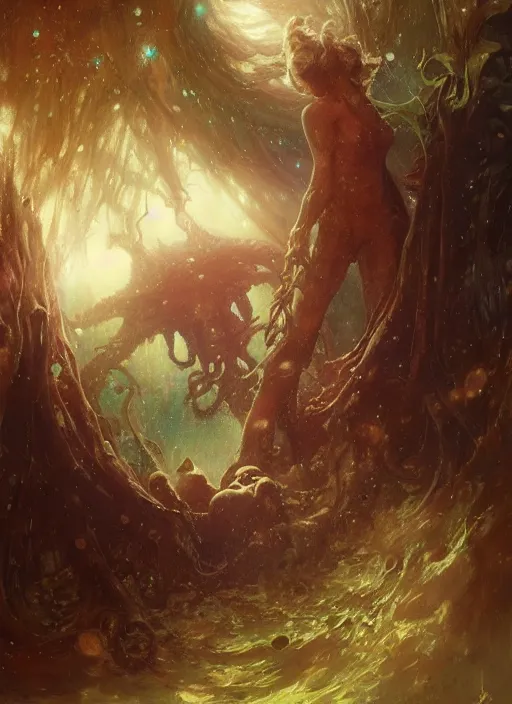 Prompt: my bed is a forest with a giant cthulhu eyes in the night star galaxie by gaston bussiere, anna nikonova aka newmilky, greg rutkowski, yoji shinkawa, yoshitaka amano, moebius, donato giancola, geoffroy thoorens, trending on artstation, featured on pixiv, cinematic composition