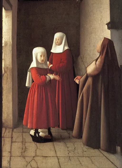 Image similar to red shoes, medieval painting by jan van eyck, johannes vermeer