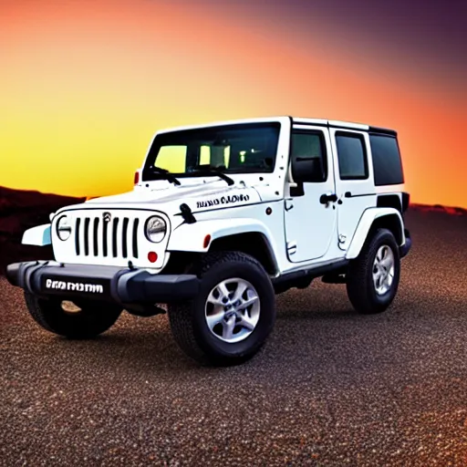 Prompt: Photo of a 1997 hardtop white Jeep Wrangler, offroad, in front of a beautiful sunset, 4k