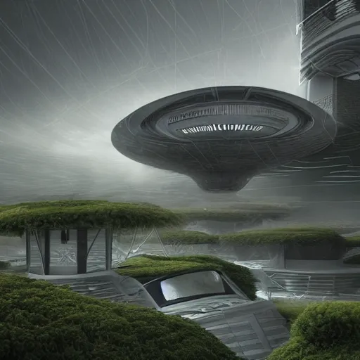 Prompt: A realistic detailed photo of a futuristic house, alien plants, grey sky, futuristic buildings, flying ships in the background, foggy landscape, light particles, detailed light, realistic shaders, trending on artisation, detailed textures, detailed, realistic.