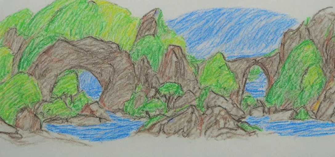 Image similar to Rivendell landscape poorly drawn in crayon by a five-year old