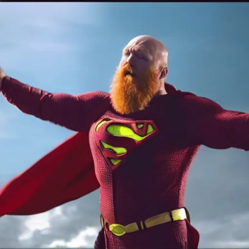 Prompt: angriestpat with red beard starring as superman, movie still, 8 k