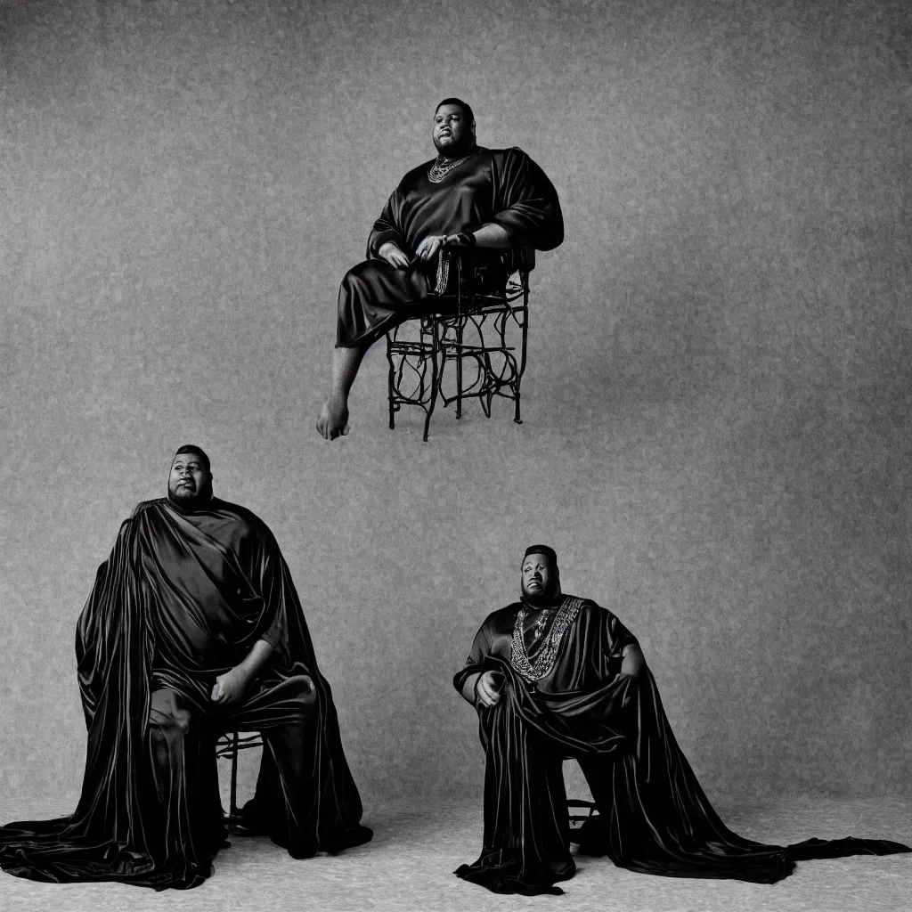 Prompt: one Large black man sitting on throne wrapped in silk, background made of large folding silky curtains, dark, 8K photo realistic, black and white color, dimly lit, top light, dark