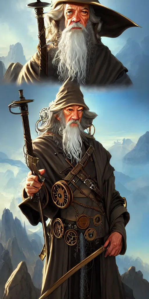 Prompt: steampunk gandalf as an apex legends character digital illustration portrait design by, mark brooks and brad kunkle detailed, gorgeous lighting, wide angle action dynamic portrait one subject, one character