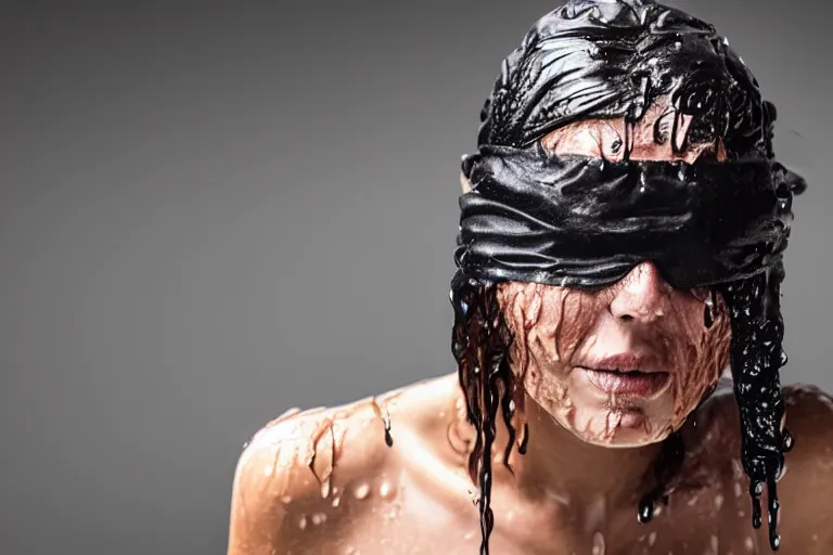 Image similar to woman with blindfold and wet face and hair