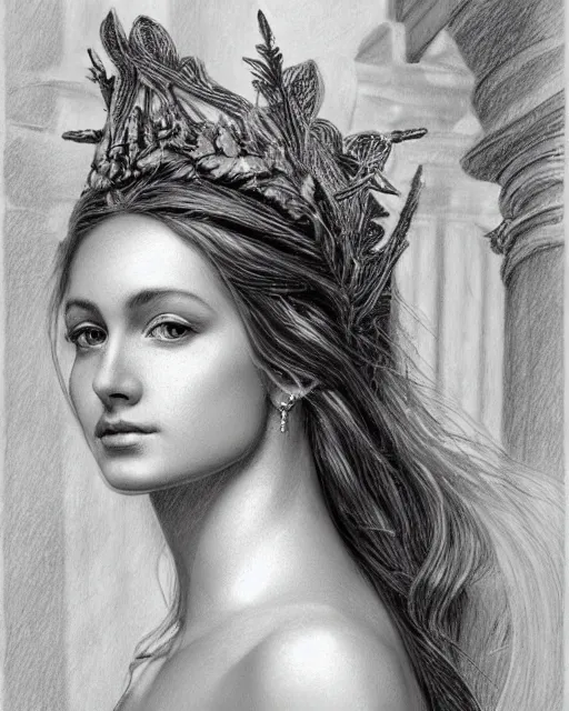 Prompt: pencil drawing of the very beautiful greek goddess aphrodite wearing a laurel wreath with arrowhead earrings, piercing eyes, beautiful flowing hair, hyper realistic face, in the style of greg rutkowski, fantasy, amazing detail, epic, elegant, smooth, sharp focus