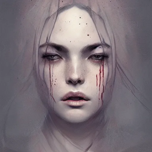 Image similar to portrait of a woman, sad, cry, gloomy, bloody, intricate, elegant, highly detailed, digital painting, artstation, concept art, matte, sharp focus, illustration, octane render, unreal engine, art by aenaluck and roberto ferri and greg rutkowski, epic fantasy, digital painting