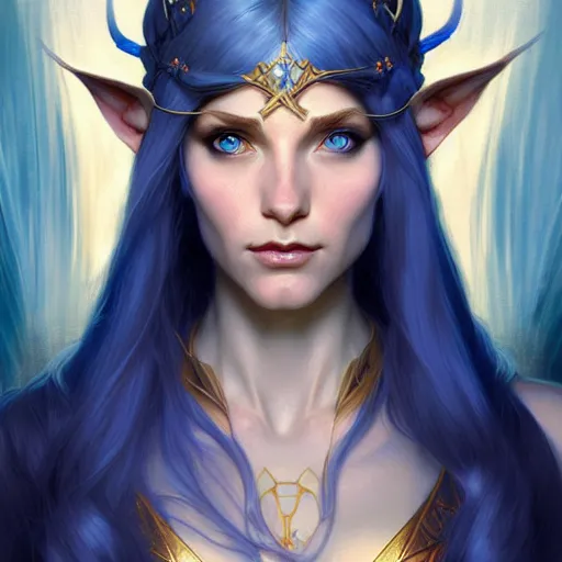 Image similar to half elf sorceress, D&D, blue eyes, blonde hair, fantasy, intricate, elegant, highly detailed, digital painting, artstation, concept art, smooth, sharp focus, illustration, art by artgerm and greg rutkowski and alphonse mucha