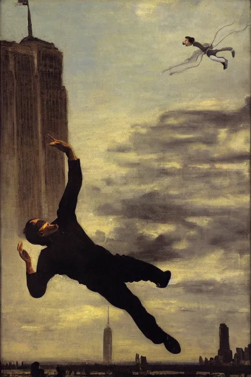 Image similar to a young man flying through new york city. his hands stretched to the side. a floating circus in the background. art by gustave courbet.