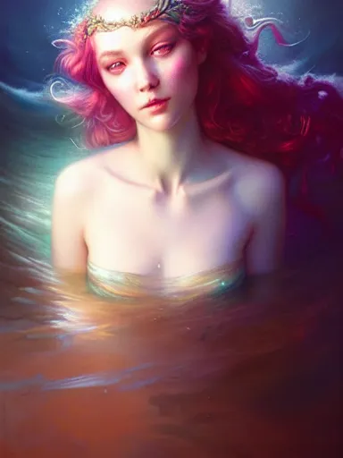 Image similar to mermaid by james jean, charlie bowater, tom bagshaw, nikolay makovsky, melanie delon : : enchanting, ethereal, magical, glowing, sparkle, prismatic, portrait, character design, illustration, hyperrealism, photorealism, digital art, concept art, dark fantasy, whimsy, weta, wlop, artstation