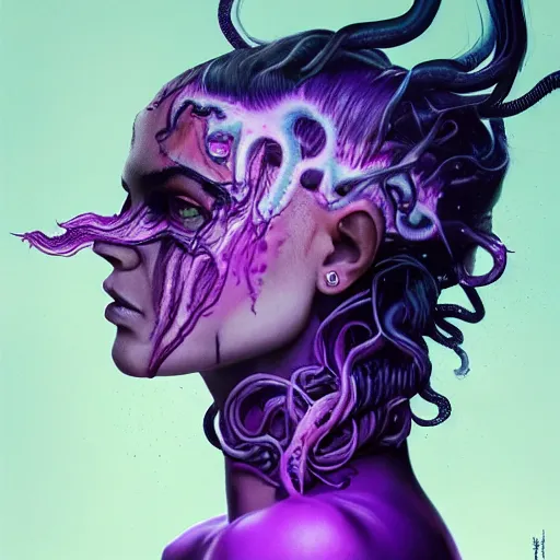 Image similar to detailed photo portrait of a furious teen girl with thin, hair-like purple tentacles on her head and bright purple eyes, 8k,by tristan eaton, Stanley Artgermm,Tom Bagshaw,Greg Rutkowski,Carne Griffiths,trending on DeviantArt, face enhance,hyper detailed ,full of colour, dramatic lightning