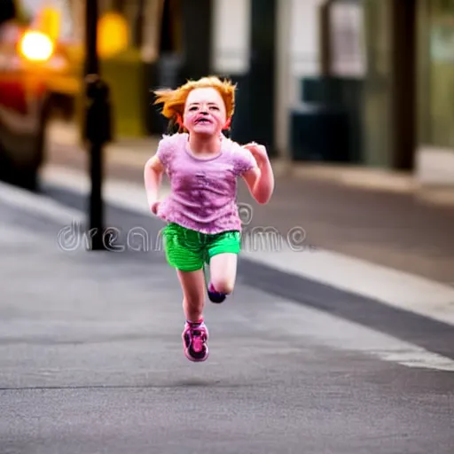 Prompt: portrait of midget emma stone running down a sidewalk, sharp focus, 4 k editorial photograph, soft lighting