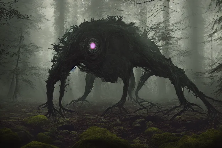 Image similar to dark eldritch monster in a swedish forest, very low angle photograph, very detailed, trending on artstation, hyperrealistic, soft colors, simon stålenhag, lovecraft, horror