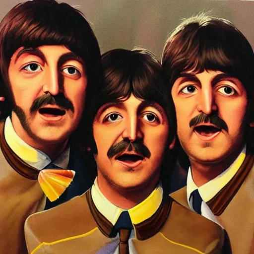 Image similar to portrait of The Beatles performing onstage except they are actual bees with faces like bees