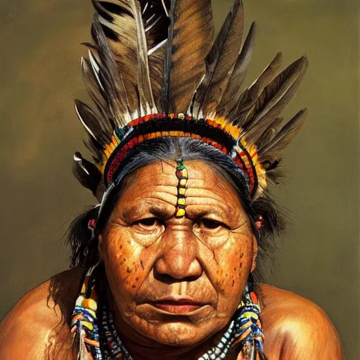 Image similar to high quality high detail painting by lucian freud, hd, full body of a indigenous tribe powerfull woman leader, photorealistic lighting