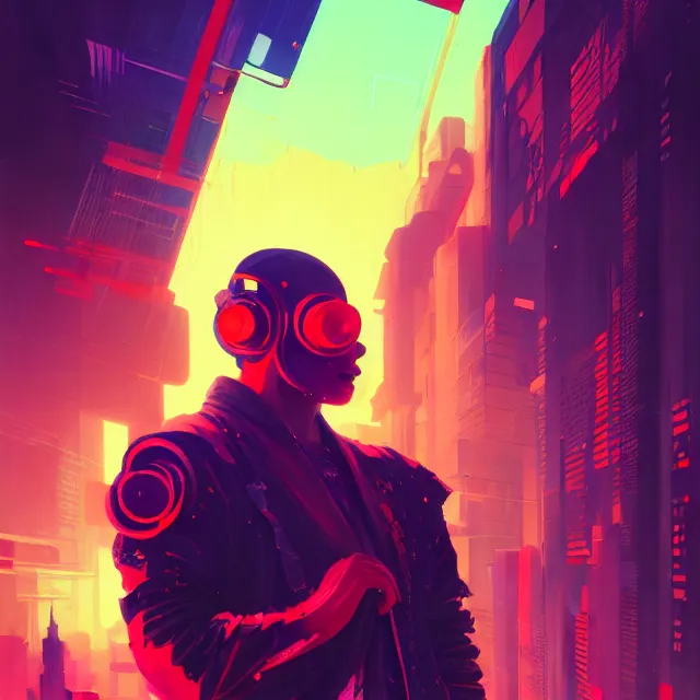 Prompt: a beautiful painting of a cyberpunk god by sachin teng and pascal blanche and ruan jia and greg rutkowski. in style of futurism art. ( ( colorful comic ) ), ( ( film noirs ) ), ( ( brush stroke ) ), ( ( vibrating colors ) ), hyper detailed. 4 k texture. octane render. trending on artstation