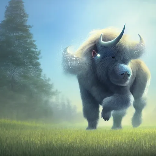 Image similar to an illustration of a giant blue six legged beast with head resembling a bull, thick fluffy fur walking across a peaceful fantasy meadow digital art concept art