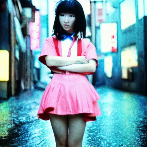 Image similar to 1990s perfect 8K HD professional cinematic photo of close-up japanese schoolgirl posing in dystopian alleyway with neon signs, at evening during rain, at instagram, Behance, Adobe Lightroom, with instagram filters, depth of field, taken with polaroid kodak portra