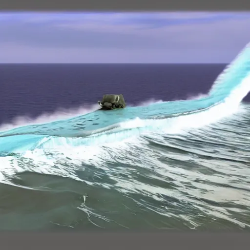 Image similar to a T-34 emerging from Ocean waves, hyperrealistic