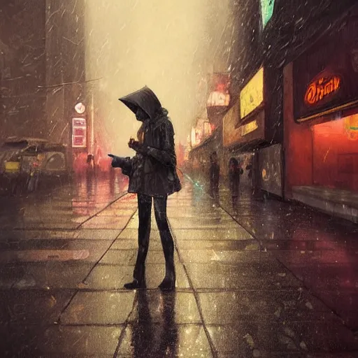 Image similar to beautiful portrait of a female anthro fox, smoking a cigarette in the rain, in crowded and wet street of a city, melancholic, cyberpunk, harsh neon lights, highly detailed, deep shadows, digital painting, shallow depth of field, illustration, art by sakimichan and greg rutkowski