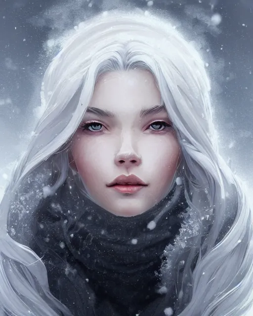 Image similar to portrait of a beautiful snow goddess, flowy white grey hair, grey eyes, winter, frozen, snow, cinematic lighting, highly detailed, digital painting, trending on artstation, pixiv, concept art, sharp focus, illustration, art by ross tran and wlop