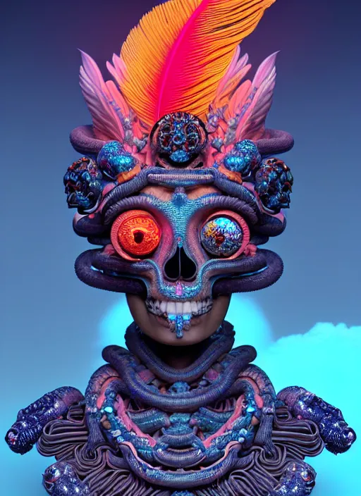 Image similar to 3 d goddess portrait, 8 k micro details global illumiantion beautiful intricate highly detailed quetzalcoatl skull and feathers. bioluminescent, plasma, lava, ice, water, wind, creature, thunderstorm! artwork by tooth wu and wlop and beeple and greg rutkowski, trending on artstation,