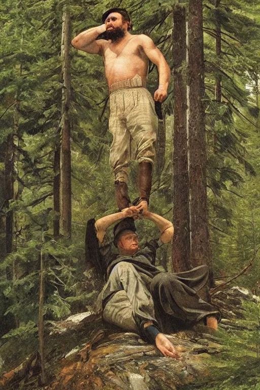 Prompt: pine falls on the head of senator, ivan shishkin style