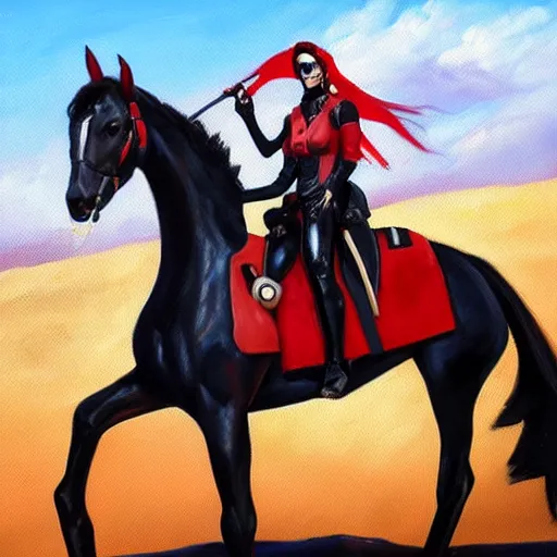 Prompt: oil painting of widowmaker from overwatch in the desert riding on a horse, black and red jacket, collar around neck, very detailed face, feminine face, full body