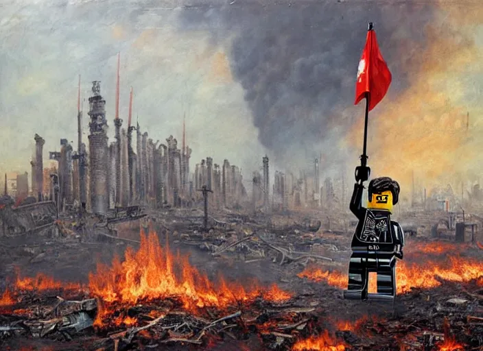 Image similar to a lego toy standing with red flag in a post-apocalyptic city, everything is burning, oil on canvas, by ivan shishkin