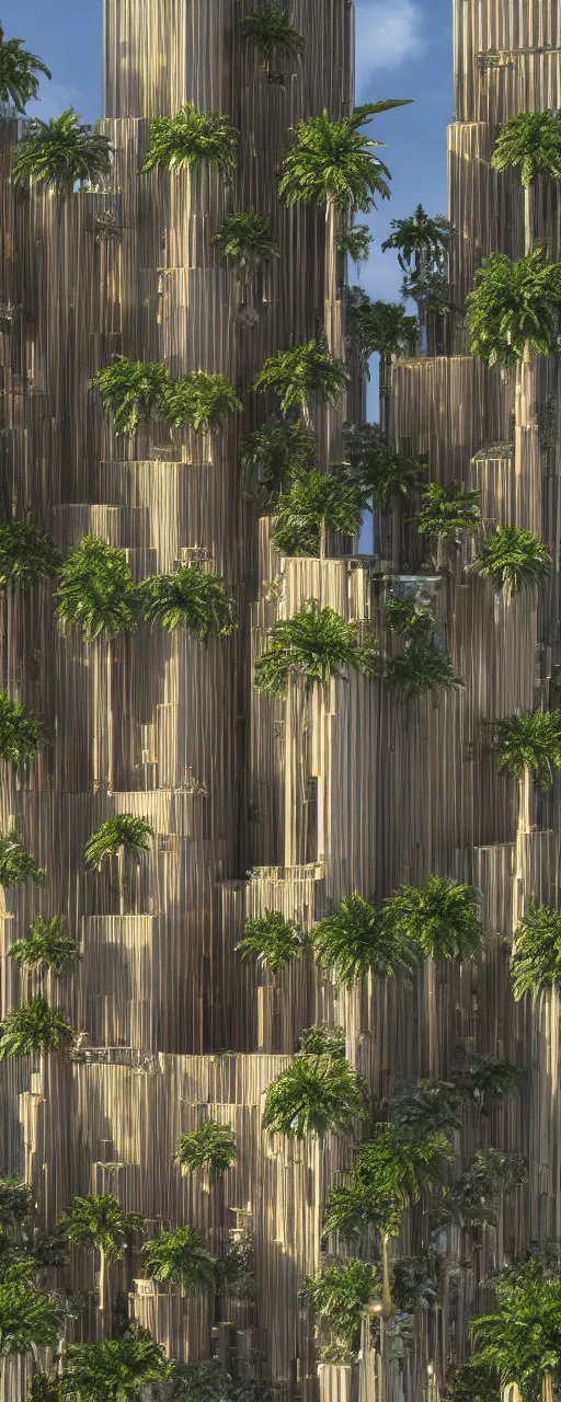 Image similar to maquette of eye level view of a contemporary tower, golden intricate details, stone facade, sacred architecture, hanging gardens, cascading highrise, arid mountains with lush palm forest, photorealistic, sunlight, 8 k, post - production, octane, cgi, sfx