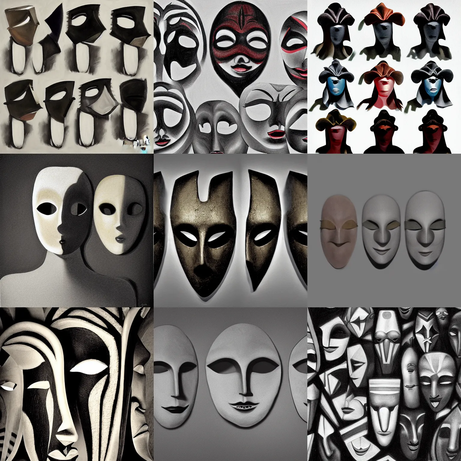 Prompt: masks ciaroscuro by james esnor