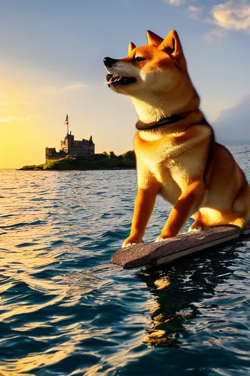 Image similar to a shiba inu sailing in the sea alone, with a castle in the background, sunset, epic, dramatic, realistic, 4k