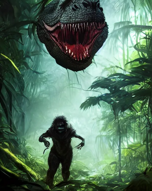 Prompt: T-Rex in jungle, portrait, dark fur, glowing eyes, magic the gathering artwork, D&D, fantasy, cinematic lighting, centered, symmetrical, highly detailed, digital painting, artstation, concept art, smooth, sharp focus, illustration, volumetric lighting, epic Composition, 8k, art by Akihiko Yoshida and Greg Rutkowski and Craig Mullins, oil painting, cgsociety