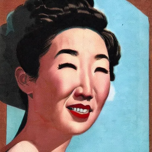 Image similar to “Sandra Oh portrait, color vintage magazine illustration 1950”