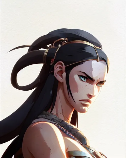 Image similar to azctec warrior, megan fox, detailed perfect face, exquisite details, fire magic, mid view, design on a white background, by studio muti, greg rutkowski makoto shinkai takashi takeuchi studio ghibli