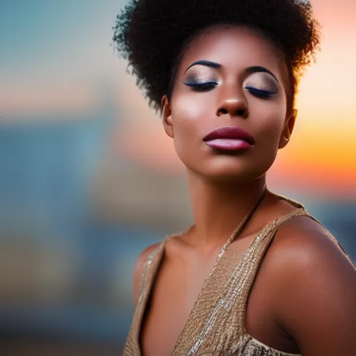 Image similar to realistic photo of an African American woman, with exquisite hollywood style makeup on, her eyes closed as the sun is setting behind her, studio photography, f/1.8 cinematic lens