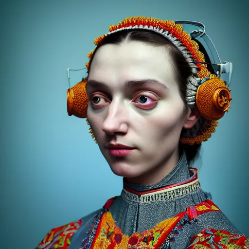 Image similar to Colour Caravaggio style Photography of Highly detailed beautiful Woman wearing detailed Ukrainian embroidery folk costume designed by Taras Shevchenko with 1000 years perfect face wearing highly detailed retrofuturistic VR headset designed by Josan Gonzalez. Many details In style of Josan Gonzalez and Mike Winkelmann and andgreg rutkowski and alphonse muchaand and Caspar David Friedrich and Stephen Hickman and James Gurney and Hiromasa Ogura. Rendered in Blender and Octane Render volumetric natural light