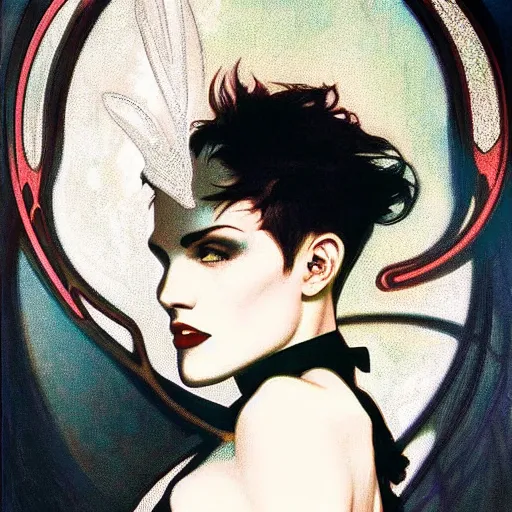 Image similar to beautiful portrait of androgynous ruby rose as desire from sandman in a white tuxedo!!!, rockabilly style,, by alphonse mucha, by jeremy mann, by peter lindbergh, dave mckean, by frank moth, white suit and black tie, soft lightning, high detailed, 8 k