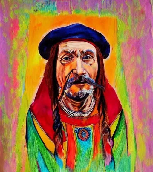 Image similar to Portrait painting in a style of Da Vinci of an old shaman dressed in a colorful traditional clothes.