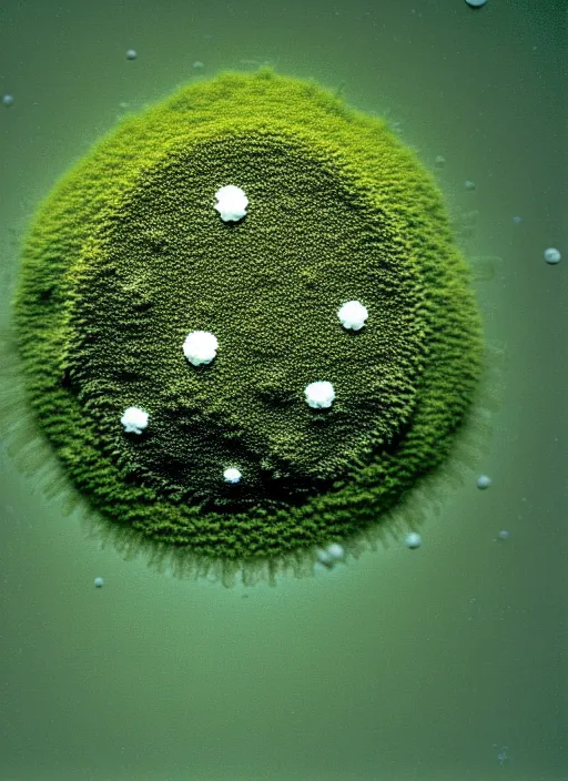 Image similar to realistic photo of a moist microbes bacteria petri cup, biology moss covered with white dots, fluffy microbe, user interface with pixels ; 1 9 9 0, microscope, closeup, bokeh, natural colors, kodak ektar, 2 0 0 iso, 3 5 mm lens, bill henson