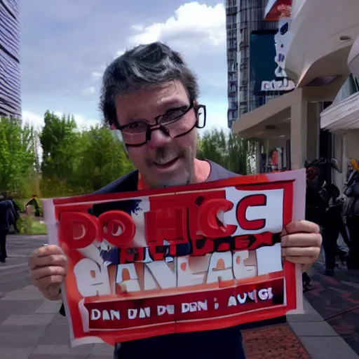 Image similar to marvin from hitchikers guide to the galaxy is holding a sign that spells : don't panic - uhd 8 k - wide - rendering - photorealistic