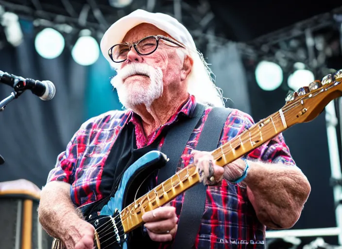 Image similar to photo still of wilford brimley on stage at vans warped tour!!!!!!!! at age 6 0 years old 6 0 years of age!!!!!!! shredding a guitar on stage, 8 k, 8 5 mm f 1. 8, studio lighting, rim light, right side key light