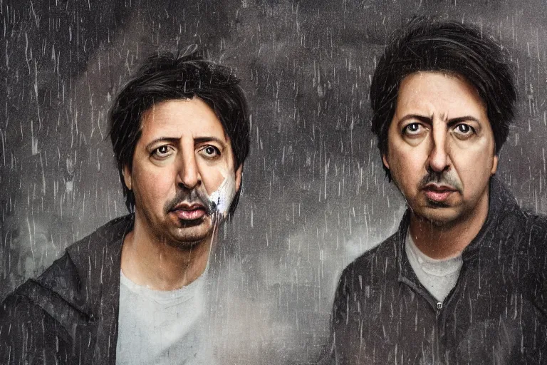 Image similar to ray romano, portrait, physically upset, gritty expressive male face, outdoor background, stadium atmosphere, rain storm, ethereal details, night, cinematic lighting, hyper - detailed, maximalist, trending on artstation, cgsociety, 8 k, high resolution, in the style of faiza maghni, david ligare, flora borsi, daniel gerhartz, elena masci