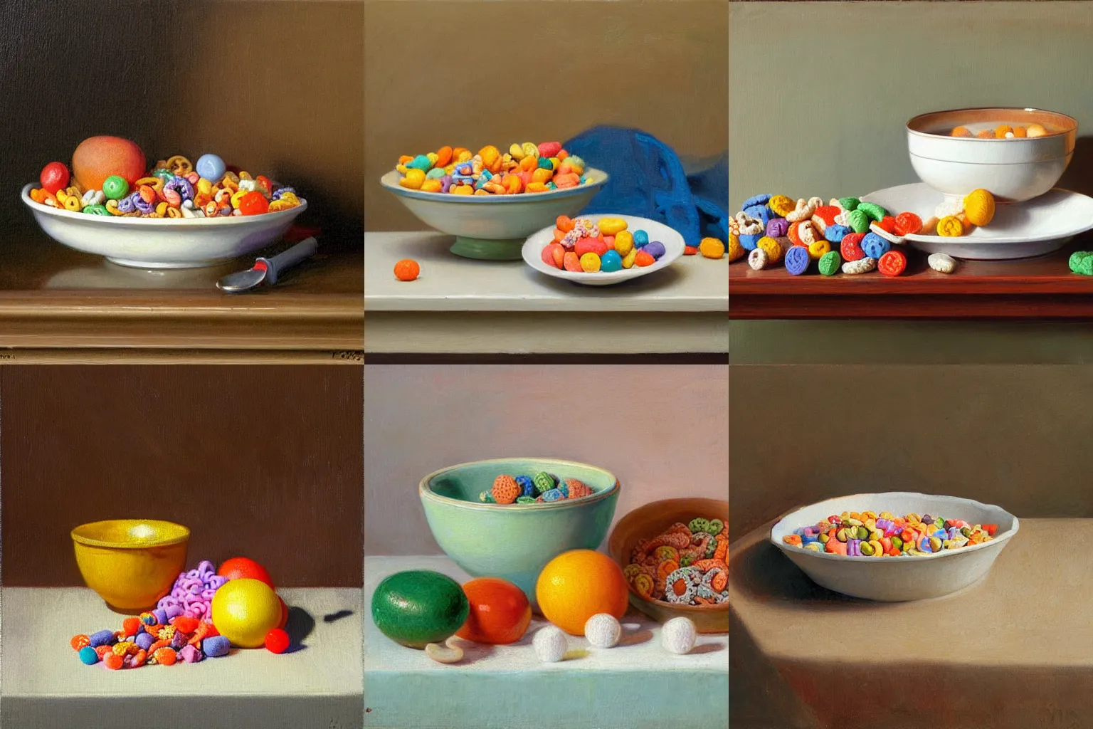 Prompt: a still life painting by Kenne Gregoire of a wooden table with a white ceramic bowl of fruit loops cereal and milk