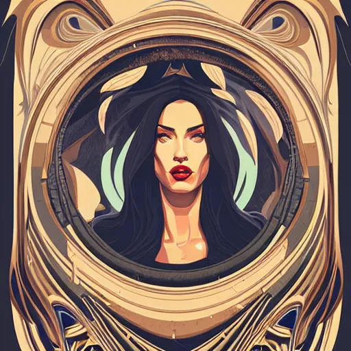 Image similar to centered portrait of megan fox by tyler edlin and petros afshar and christopher balaskas and marius borgeaud and kiliain eng, maximalist art nouveau, well proportioned, highly detailed