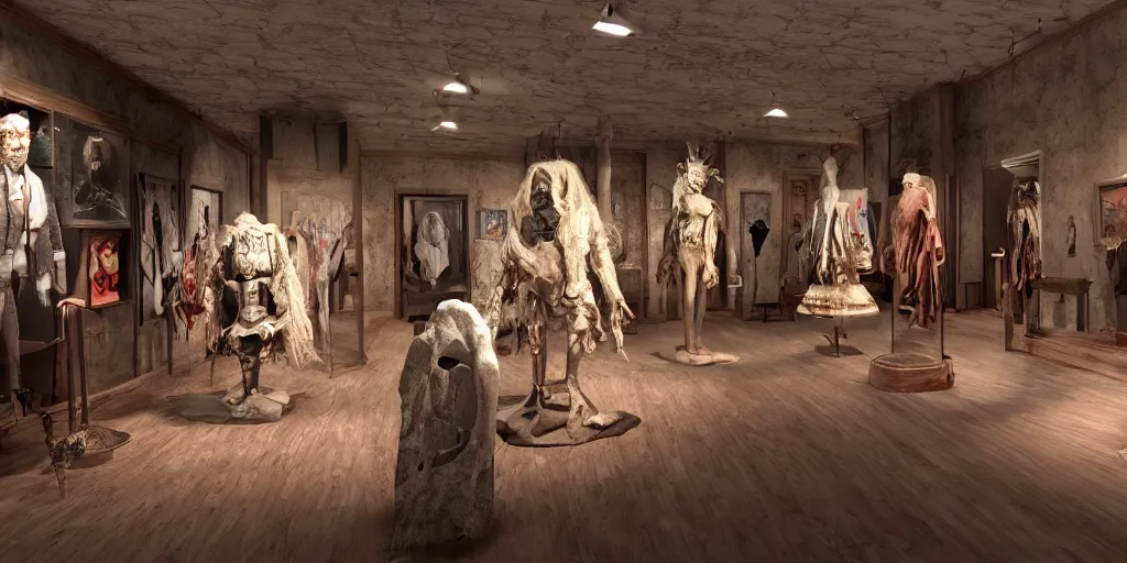 Prompt: Photorealistic Museum of horror costumes and accessories, wide angle, full room, Unreal Engine