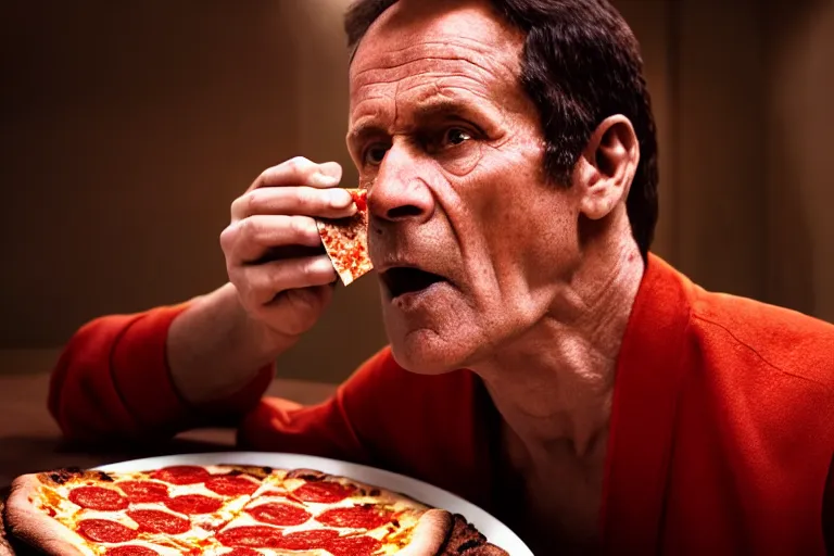 Prompt: Gaius Julius Caesar eating a slice of pizza from Little Caesars, cinematic, soft lighting, highly detailed, 8k