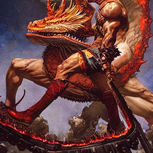 Image similar to a detailed rendition of kratos as lebron james riding a gigantic fire breathing dragon, art by norman rockwell